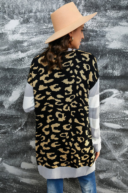Leopard Print Striped Sleeve Open Front Longline Cardigan