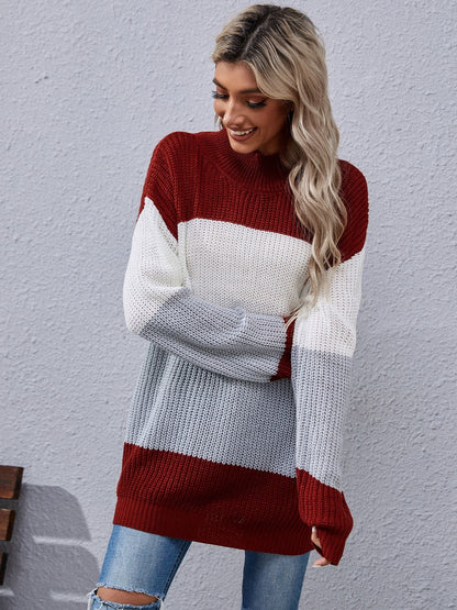 Color Block Rib-Knit Tunic Sweater