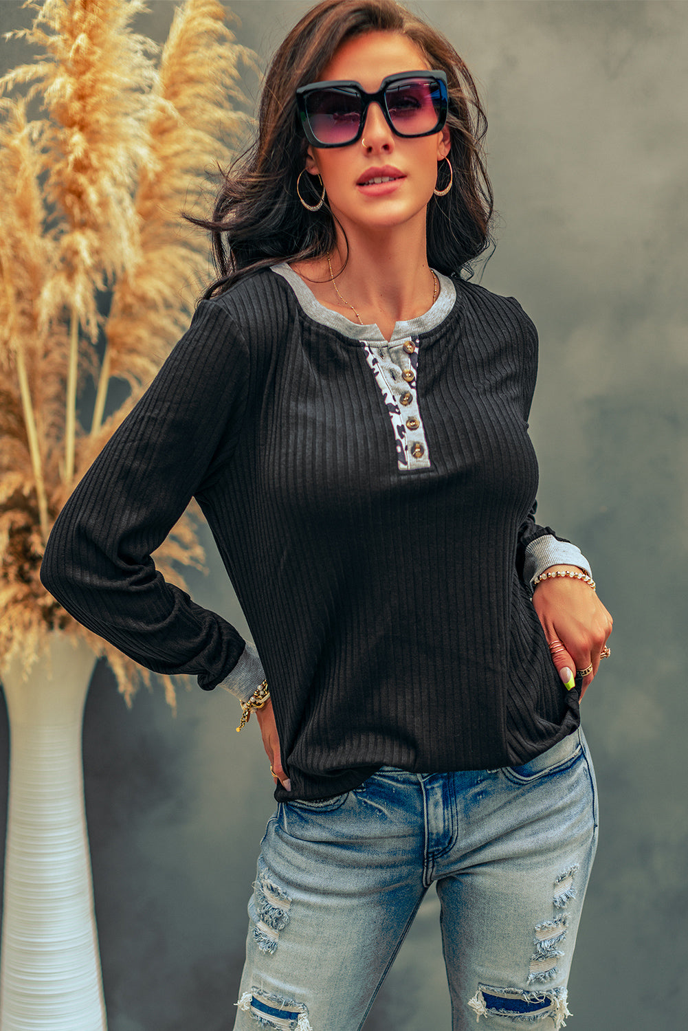Contrast Ribbed Long Sleeve Henley Top