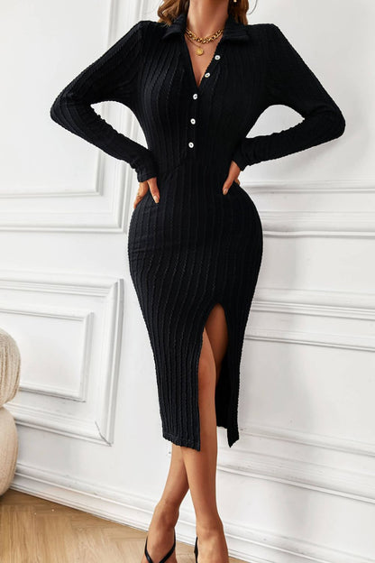 Button Front Split Cable-Knit Texture Collared Dress
