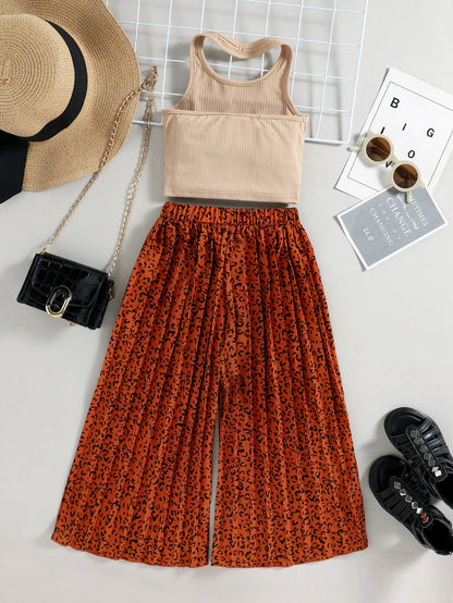 Girls Ribbed Halter Neck Tank and Leopard Pleated Wide Leg Pants Set