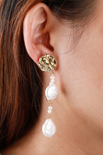 Textured Gold-Plated Pearl Drop Earrings