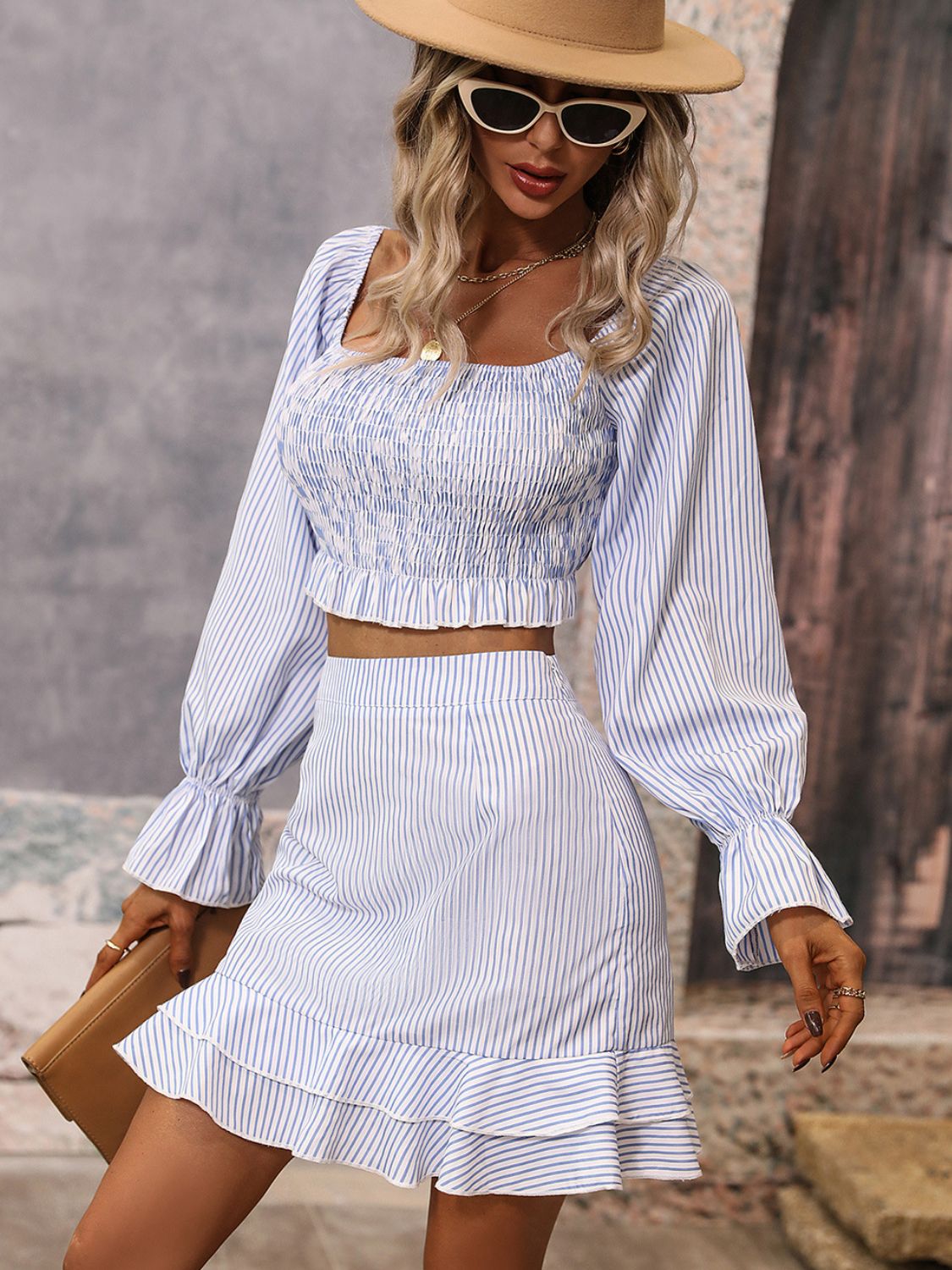 Striped Smocked Square Neck Cropped Top and Mini Skirt Set