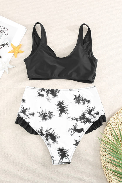 Two-Tone Crisscross Frill Trim Two-Piece Swimsuit